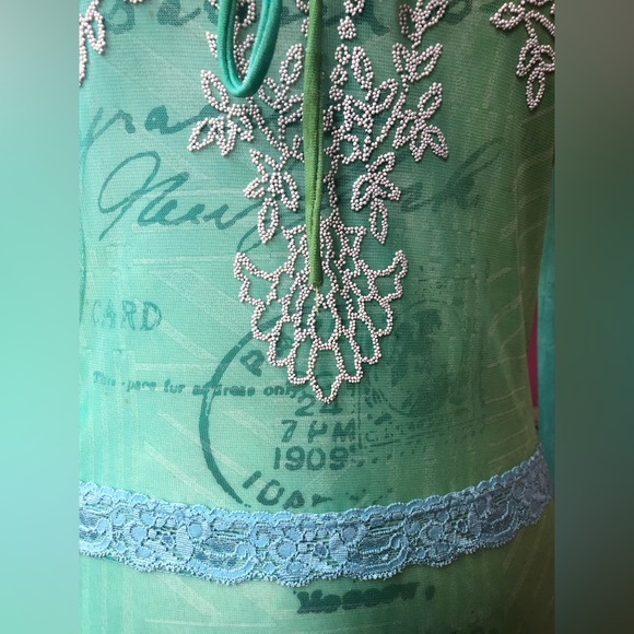 NWOT Sheer Turquoises/Aquamarine Long Sleeve Top with Beaded Accents - Picture 4 of 8
